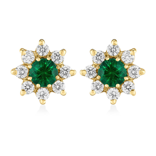 Pre-Owned 18ct Yellow Gold Emerald and Round Brilliant Cut Diamond Cluster Stud Earrings