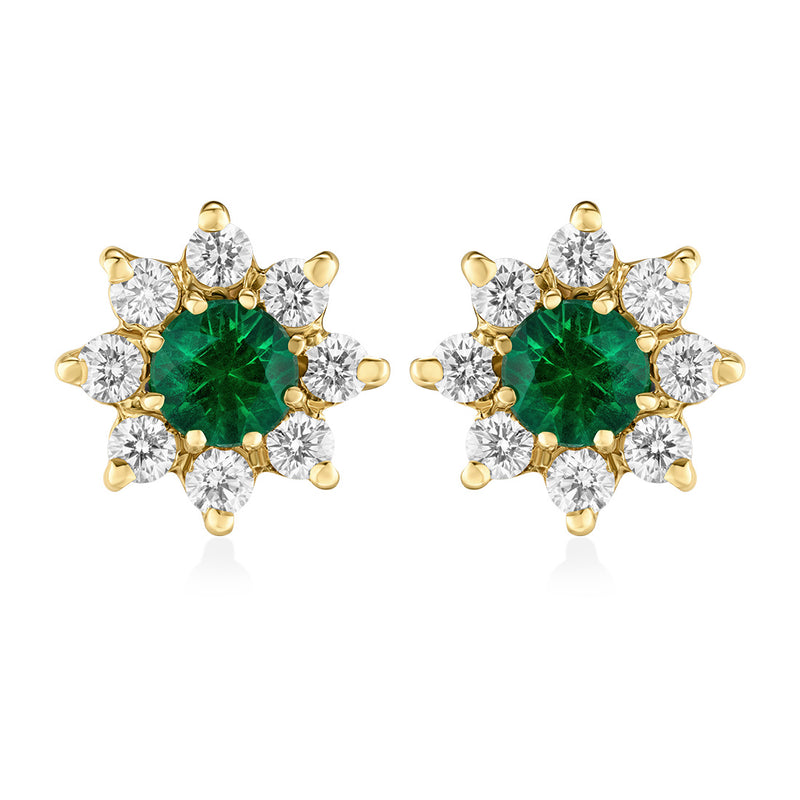 Pre-Owned 18ct Yellow Gold Emerald and Round Brilliant Cut Diamond Cluster Stud Earrings