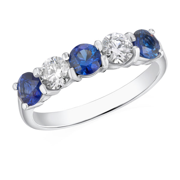 Platinum Four Claw Set Round Cut Sapphire Diamond Half Eternity and Round Brilliant Cut Ring