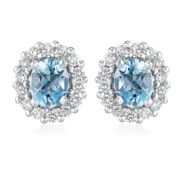 18ct White and Yellow Gold Four Claw Set Oval Cut Aquamarine and Round Brilliant Cut and Diamond Stud Earrings