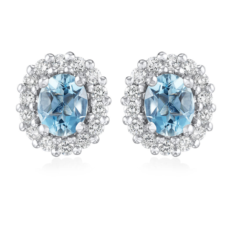 18ct White and Yellow Gold Four Claw Set Oval Cut Aquamarine and Round Brilliant Cut and Diamond Stud Earrings