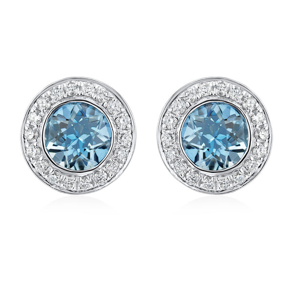 18ct White Gold Rub Set Round Cut Aquamarine and Round Brilliant Cut Diamond Halo Cluster Stud Earrings