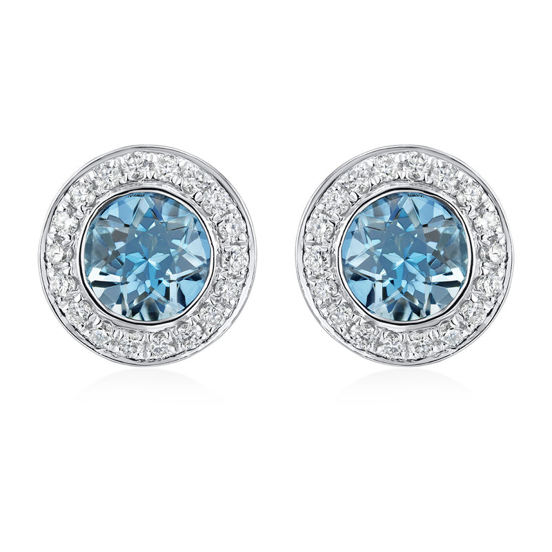 18ct White Gold Rub Set Round Cut Aquamarine and Round Brilliant Cut Diamond Halo Cluster Stud Earrings