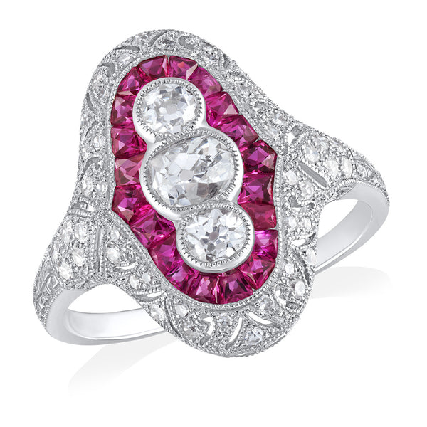 Pre-Owned Platinum Grain Set Old Cut Diamond and Calibre Cut Ruby Turban Cluster Ring