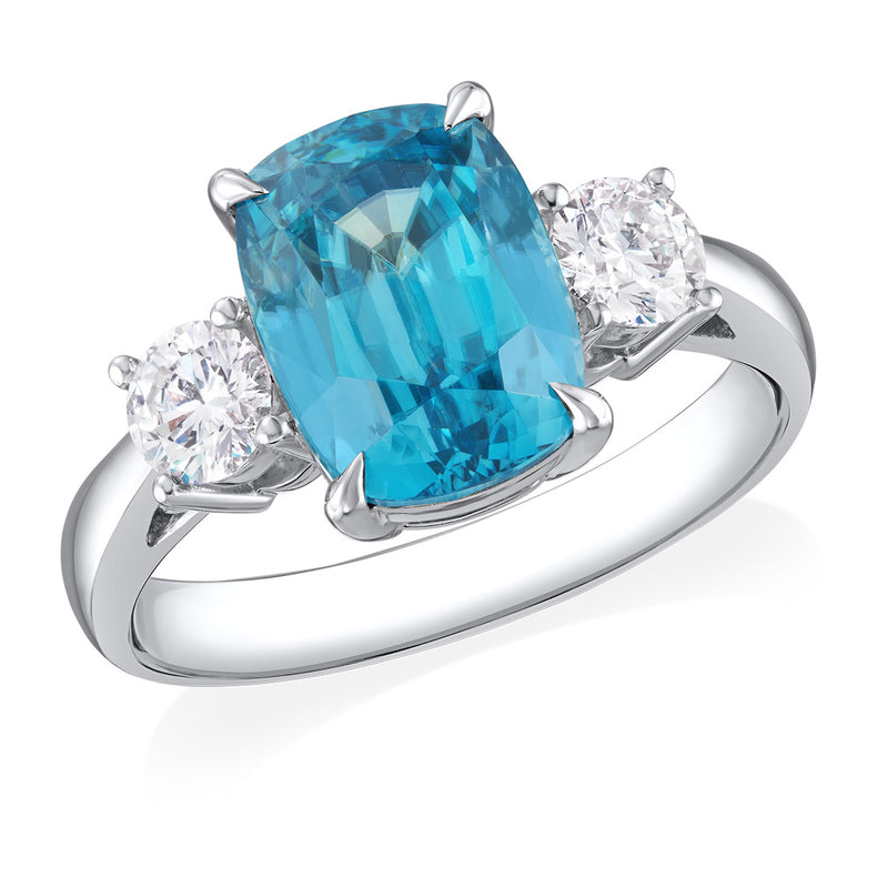 Pre-Owned Remodelled 18ct White Gold Three Stone Rectangular Cut Blue Zircon and Diamond Ring