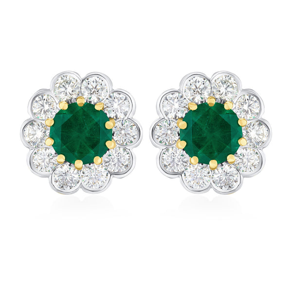 Pre-Owned 18ct White and Yellow Gold Round Cut Ten Claw Set Emerald and Round Brilliant Cut Diamond Cluster Stud Earrings