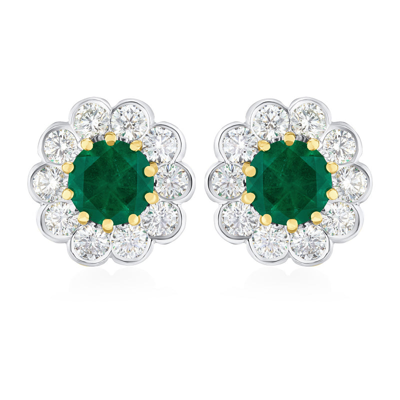 Pre-Owned 18ct White and Yellow Gold Round Cut Ten Claw Set Emerald and Round Brilliant Cut Diamond Cluster Stud Earrings