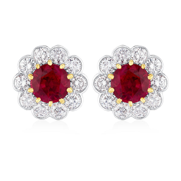 Pre-Owned 18ct Yellow Gold Round Cut Ten Claw Set Ruby and Round Brilliant Cut Diamond Cluster Stud Earrings