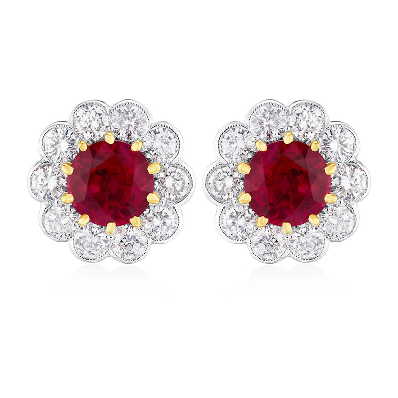 Pre-Owned 18ct Yellow Gold Round Cut Ten Claw Set Ruby and Round Brilliant Cut Diamond Cluster Stud Earrings