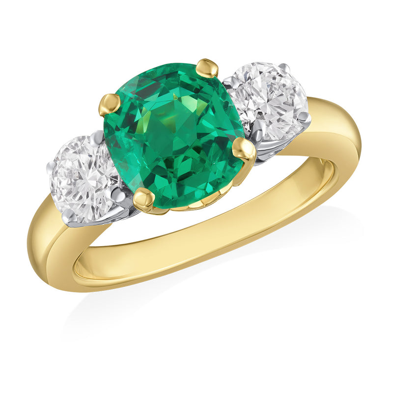 Pre-Owned 18ct Yellow and White Gold Three Stone Four Claw Set Oval Cut Emerald and Round Brilliant Cut Diamond Ring