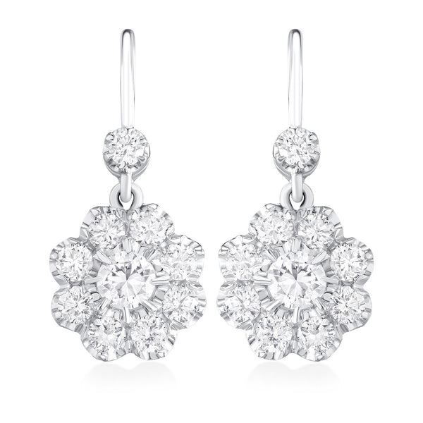 Pre-Owned Platinum and 18ct White Gold Round Brilliant Cut Claw Set Diamond Cluster Drop Earrings