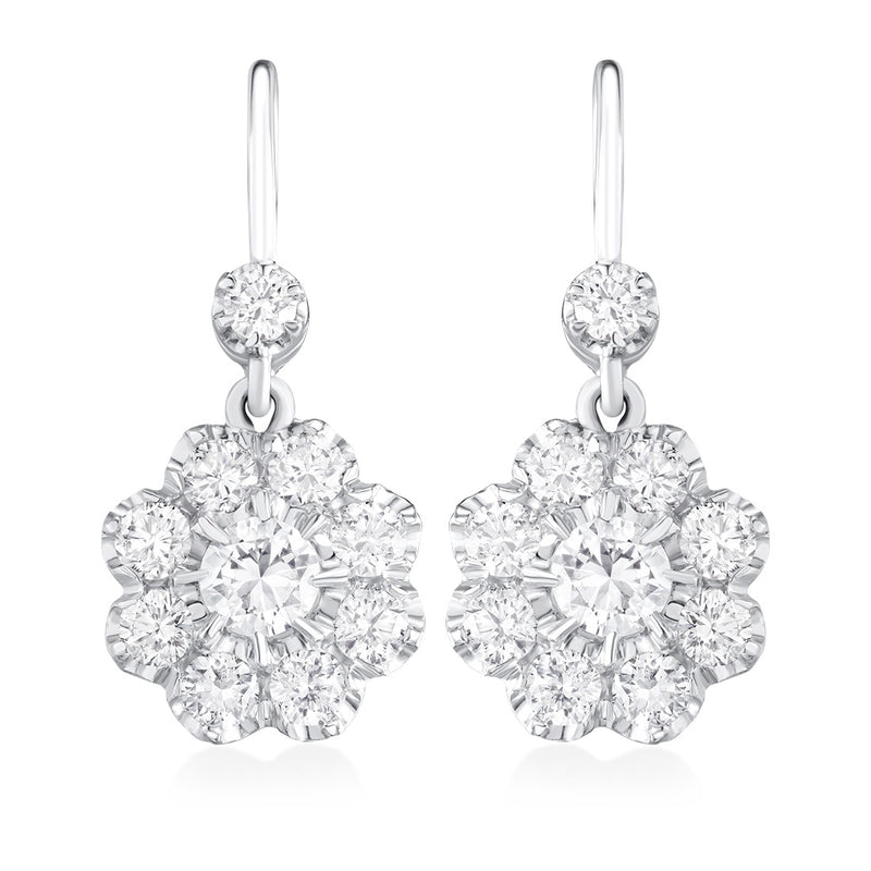 Pre-Owned Platinum and 18ct White Gold Round Brilliant Cut Claw Set Diamond Cluster Drop Earrings