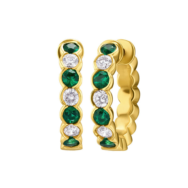 Pre-Owned 18ct Yellow Gold Rub Set Round Cut Emerald and Round Brilliant Cut and Diamond Hoop Earrings