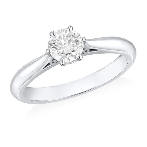 Elizabeth Platinum Single Stone Six Claw Set Round Brilliant Cut Diamond Ring with Tapered Shoulders