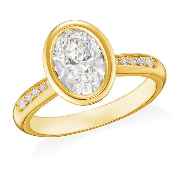 18ct Yellow Gold Solitaire Rub and Grain Set Oval Cut Diamond Ring