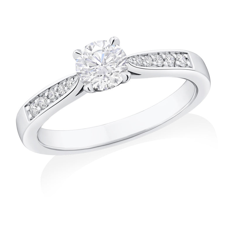 Mallory Victoria Platinum Solitaire Four Claw Set Round Brilliant Cut Diamond Ring