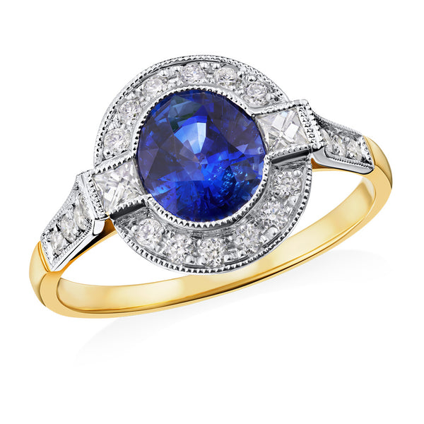 Pre-Owned Remodelled Platinum and 18ct Yellow Gold Milgrain Edge Rub Set Oval Cut Sapphire and Round Brilliant Cut, and Square Cut Diamond Ring