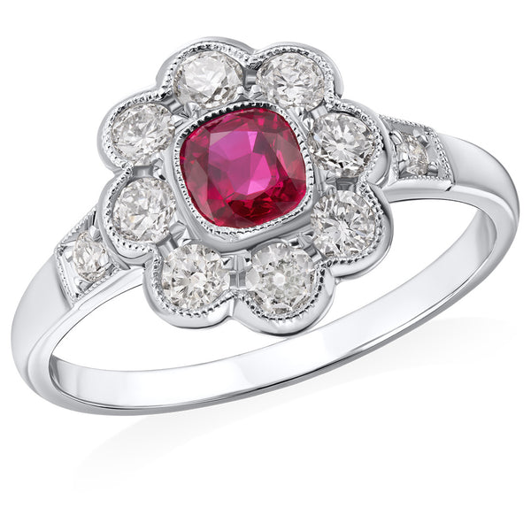 Pre-Owned Remodelled Platinum Milgrain Edge Rub Set Cushion Cut Ruby and Round Brilliant Cut Diamond Ring