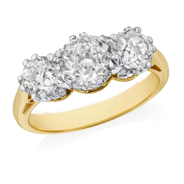 Pre-Owned Remodelled 18ct Yellow Gold and Platinum Three Stone Double Six Claw Set Old Cut Diamond Ring