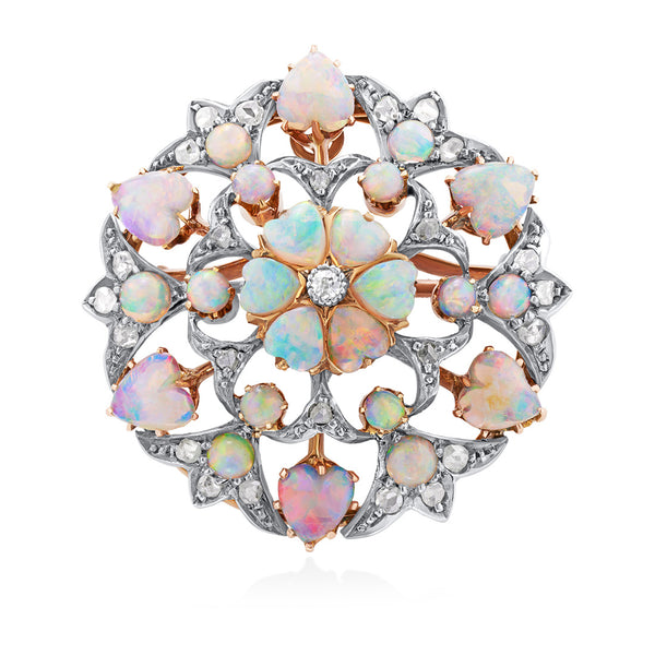 Antique Victorian 18ct Yellow Gold and Silver Grain Set Heart Cut Opal and Old Cut Diamond Brooch