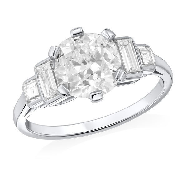 Antique Art Deco Platinum Five Stone Six Claw Set Cushion Cut Diamond and Tapered Baguette Ring