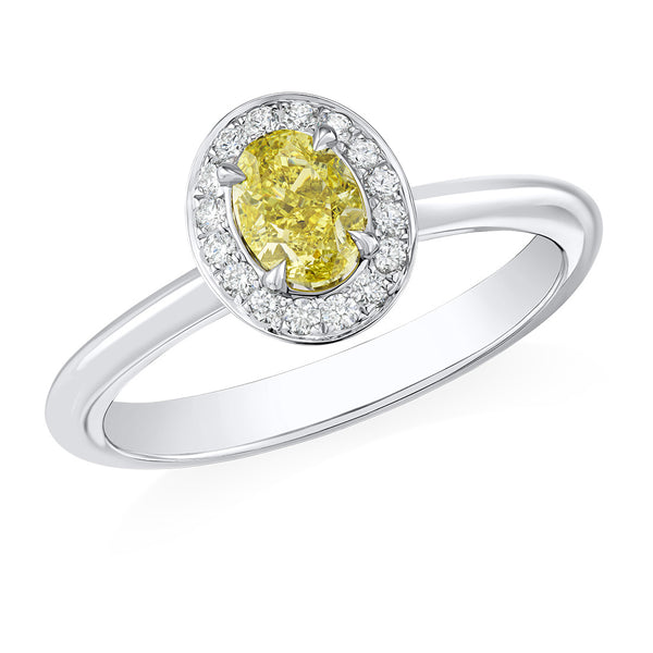 Mallory Platinum Halo Cluster Four Claw Set Oval Cut Yellow Diamond Ring