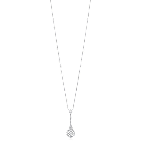 Antique Art Deco Platinum and Gold Milgrain Edge Rub Set Old Cut Diamond and Eight Cut Diamond Drop Pendant and Chain