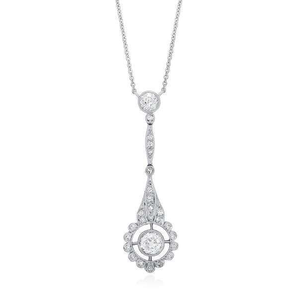 Antique Art Deco Platinum and Gold Milgrain Edge Rub Set Old Cut Diamond and Eight Cut Diamond Drop Pendant and Chain