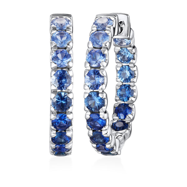 18ct White Gold Four Claw Set Round Cut Sapphire Hoop Earrings