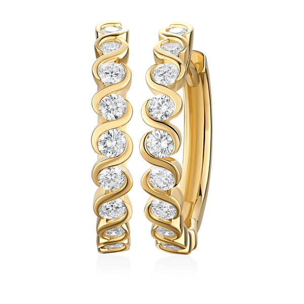 18ct Yellow Gold Semi-Rub Set Round Brilliant Cut Diamond Hoop Earrings