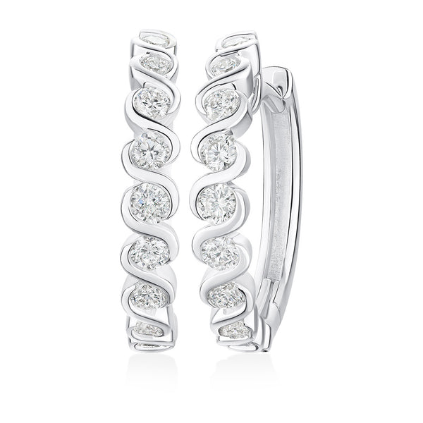 18ct White Gold Semi-Rub Set Round Brilliant Cut Diamond Hoop Earrings