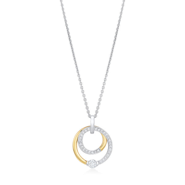 18ct White and Yellow Gold Grain Set Round Brilliant Cut Diamond Circular Pendant and Chain