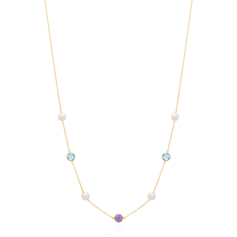 18ct Yellow Gold Akoya Cultured Pearl Blue Topaz and Amethyst Chain Link Necklace