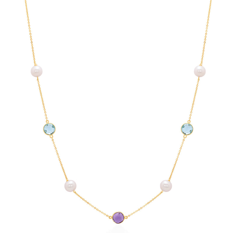 18ct Yellow Gold Akoya Cultured Pearl Blue Topaz and Amethyst Chain Link Necklace