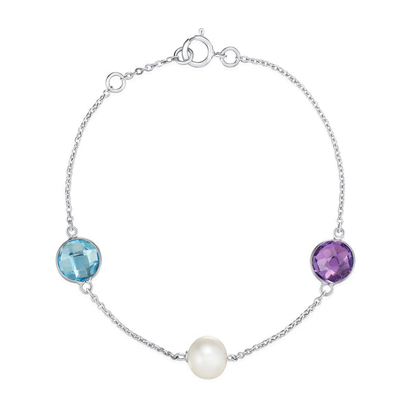 18ct White Gold Akoya Cultured Pearl Amethyst, Blue Topaz Bracelet