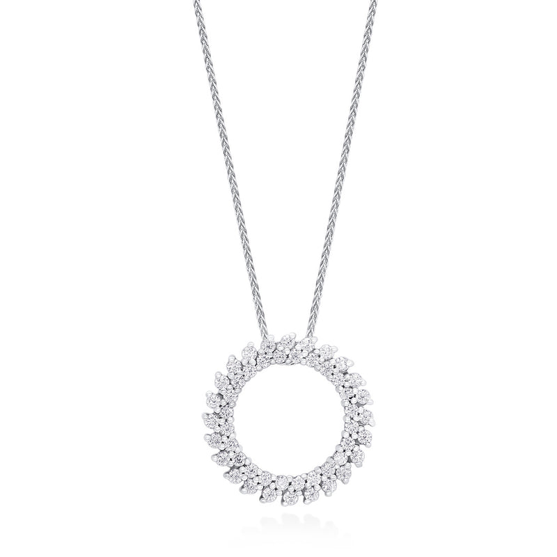 18ct White Gold Claw Set Round Brilliant Cut Diamond Double Circular Pendant and Chain