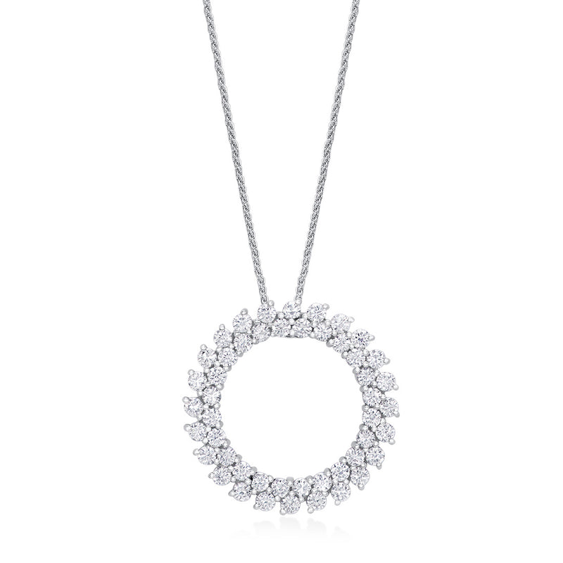 18ct White Gold Claw Set Round Brilliant Cut Diamond Double Circular Pendant and Chain