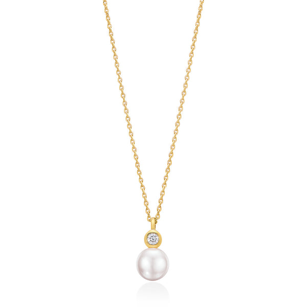 18ct Yellow Gold Akoya Cultured Pearl and Diamond Pendant and Chain