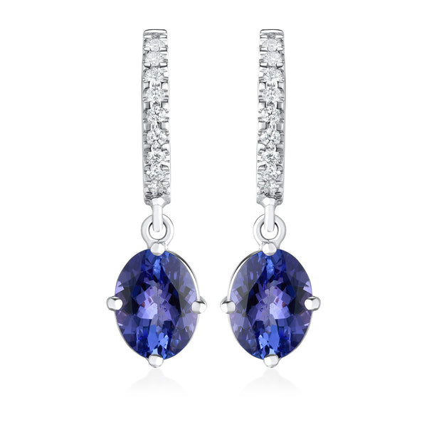 18ct White Gold Four Claw Set Oval Cut Tanzanite and Round Brilliant Cut Diamond Drop Earrings