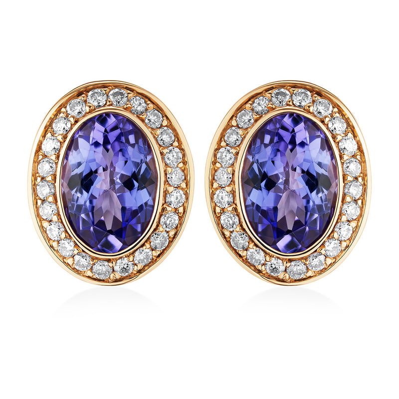 18ct Rose and White Gold Rub Set Oval Cut Tanzanite and Round Brilliant Cut Diamond Halo Cluster Stud Earrings