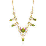 Antique Edwardian Yellow Gold Mixed Cut Peridot Natural Half Pearl, Ruby Necklace