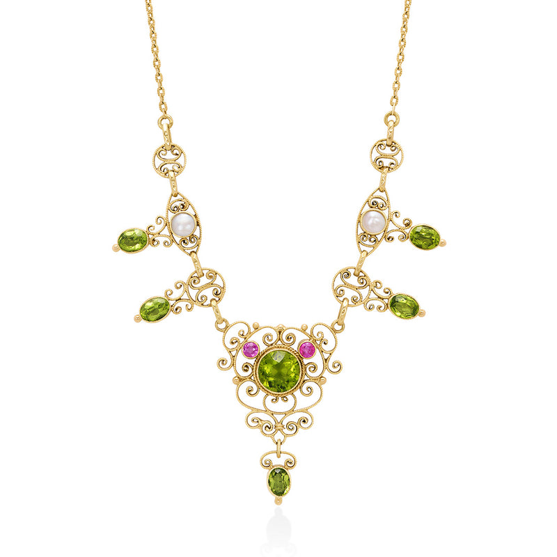 Antique Edwardian Yellow Gold Mixed Cut Peridot Natural Half Pearl, Ruby Necklace