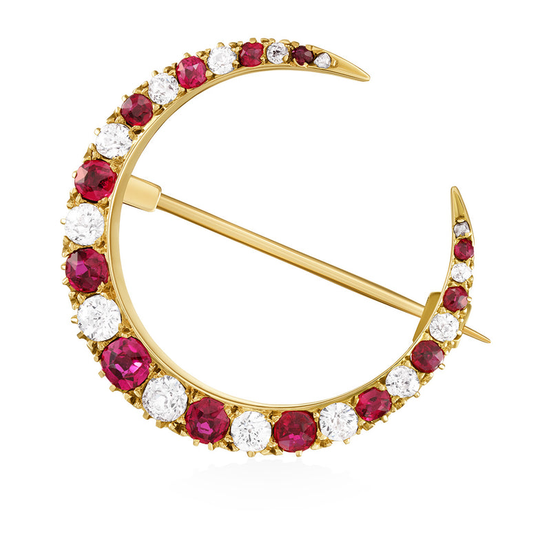 Antique Victorian Yellow Gold Round Cut Ruby and Old Cut Diamond Crescent Brooch