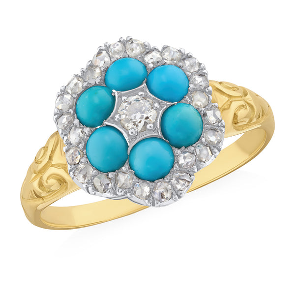 Antique Victorian Yellow Gold and Silver Cabochon Cut Turquoise and Rose Cut Diamond Cluster Ring