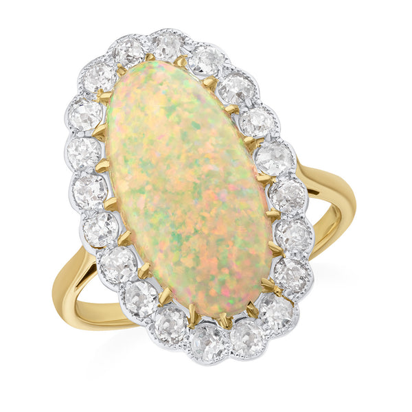 Antique Art Deco Yellow Gold and Platinum Cabochon Cut Opal and Old Cut Diamond Cluster Ring