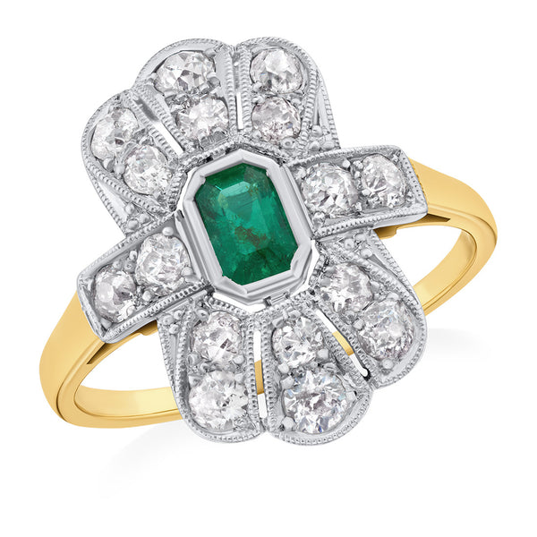 Antique Art Deco Yellow Gold and Platinum Trap Cut Emerald and Old Cut Diamond Plaque Ring