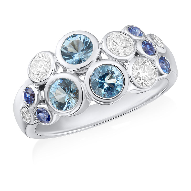 18ct White Gold Rub Set Round Cut Mixed Gemstone and Round Brilliant Cut Diamond Cluster Ring