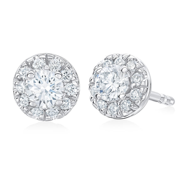 18ct White Gold Four Claw Set Round Brilliant Cut Diamond Halo Cluster Stud Earrings