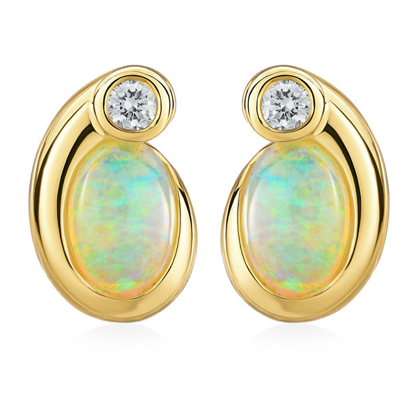 18ct Yellow Gold Cabochon Cut Opal and Round Brilliant Cut Diamond Stud Earrings