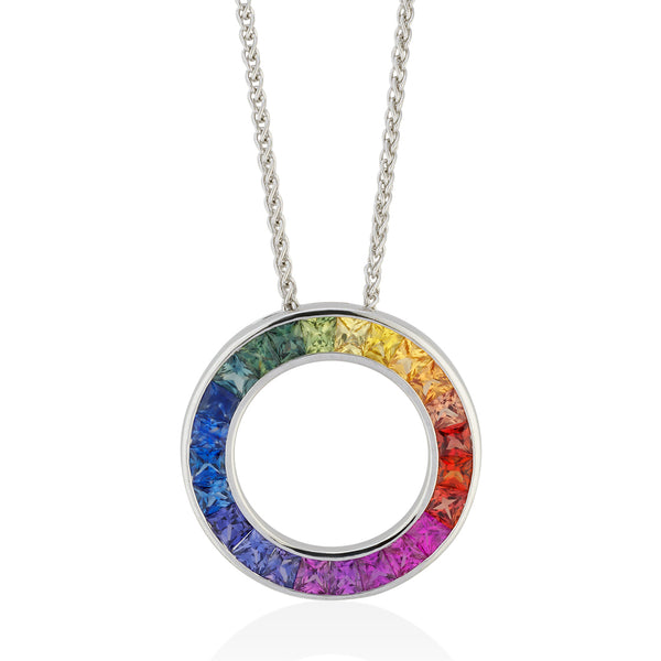 18ct White Gold Channel Set Rainbow Sapphire Circular Pendant and Chain